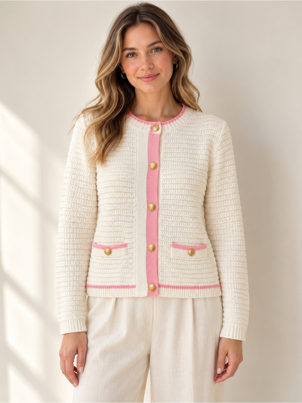 Nicole Miller Cream Cardigan with Pink Trim and Gold Buttons